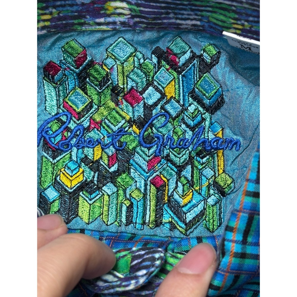 Robert Graham Mens Blue Green Geometric Basketweave Short Sleeve Shirt Size M - Picture 3 of 8